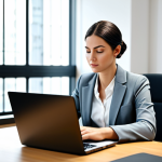 **

"A professional woman, fully clothed in modest business attire, sitting at a clean desk in a modern, minimalist office space. She is working on a laptop. The background features soft, natural light and blurred office elements. Safe for work, appropriate content, perfect anatomy, correct proportions, professional, high quality."

**