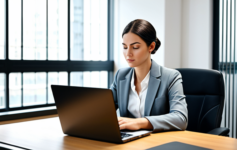 **
"A professional woman, fully clothed in modest business attire, sitting at a clean desk in a modern, minimalist office space. She is working on a laptop. The background features soft, natural light and blurred office elements. Safe for work, appropriate content, perfect anatomy, correct proportions, professional, high quality."
**